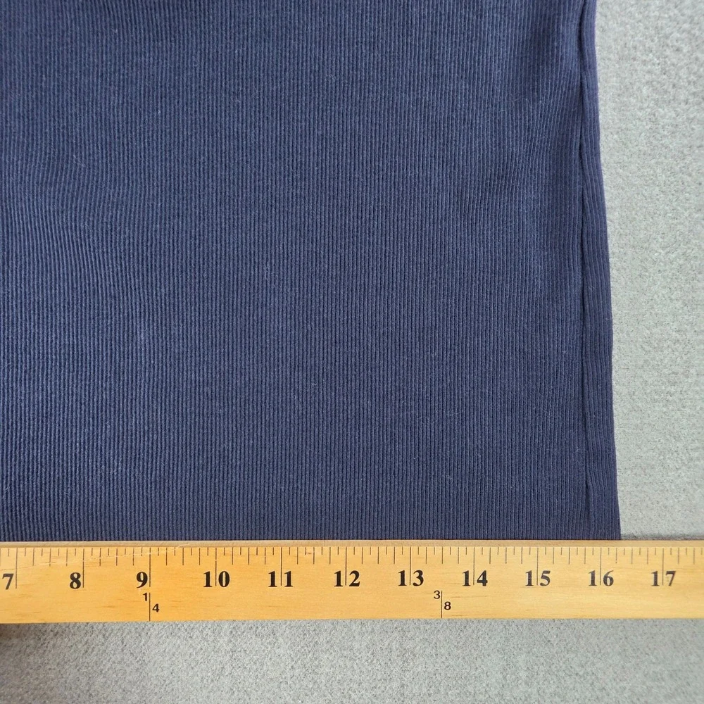 LOFT Henley Top Womens Medium Navy Blue Eyelet Lace Puff Sleeve Ribbed Knit‎